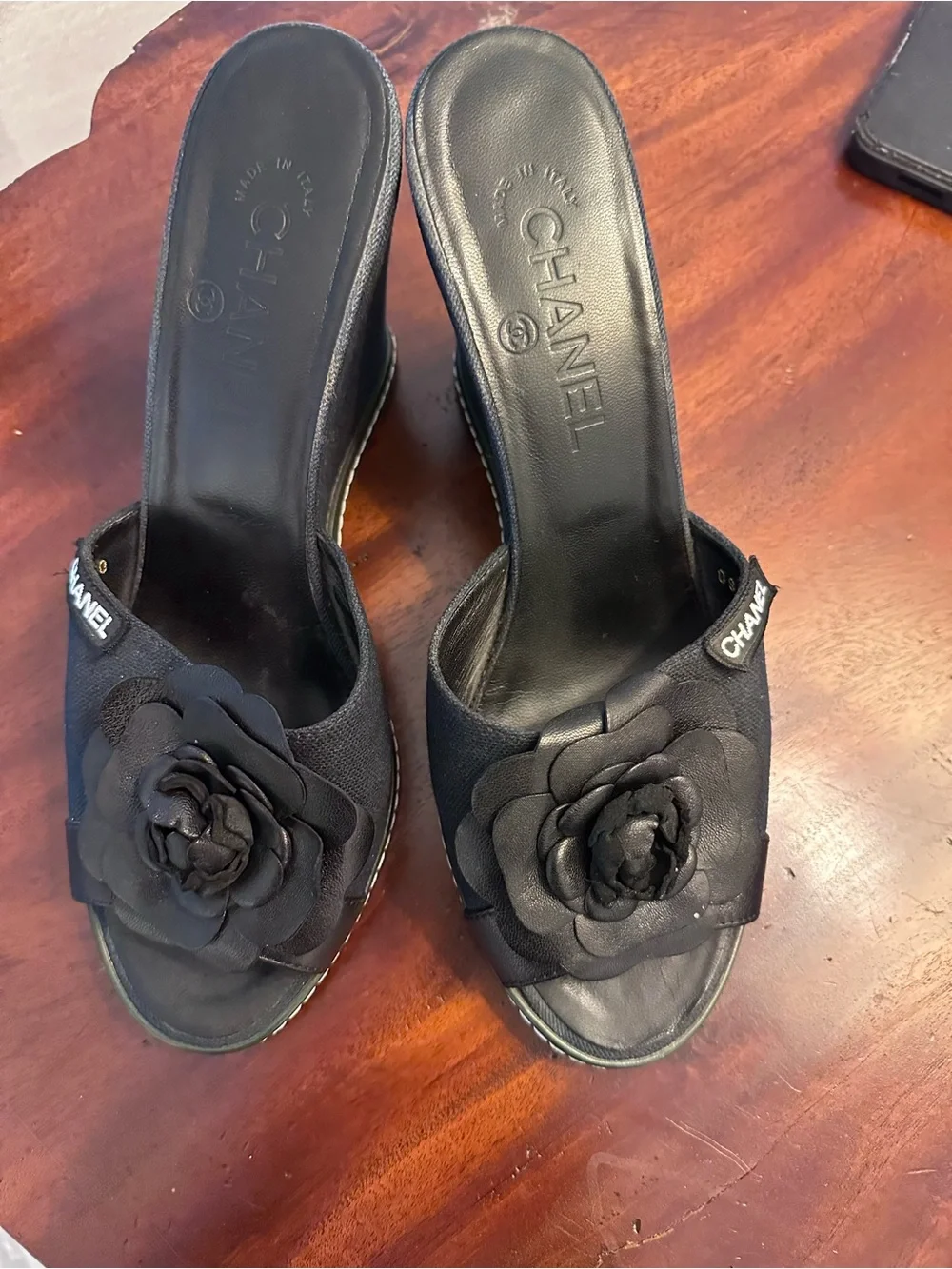CHANEL Black Camellia Block Heel Mules